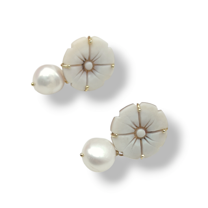 Cameo flower and pearl earrings mounted on silver