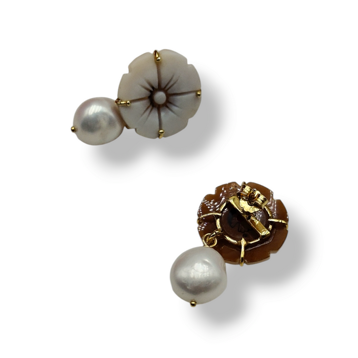 Cameo flower and pearl earrings mounted on silver