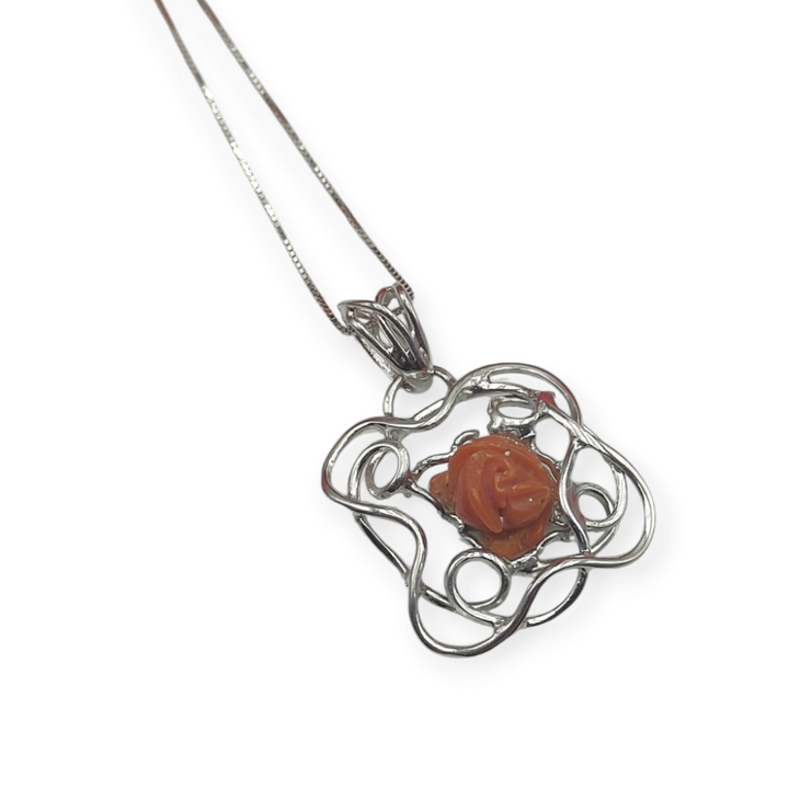 Real red coral flower necklace mounted on silver