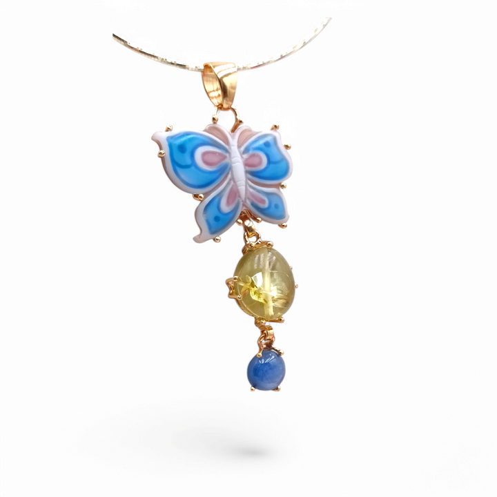 Enamelled butterfly pendant necklace mounted on silver
