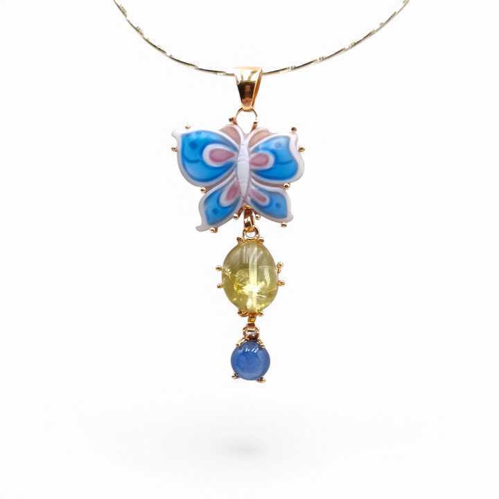 Enamelled butterfly pendant necklace mounted on silver