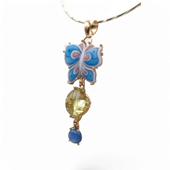 Enamelled butterfly pendant necklace mounted on silver