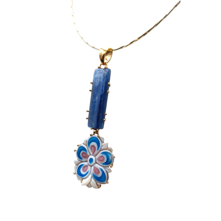 "Kyanite and Cameo" Pendant Necklace Mounted on Silver