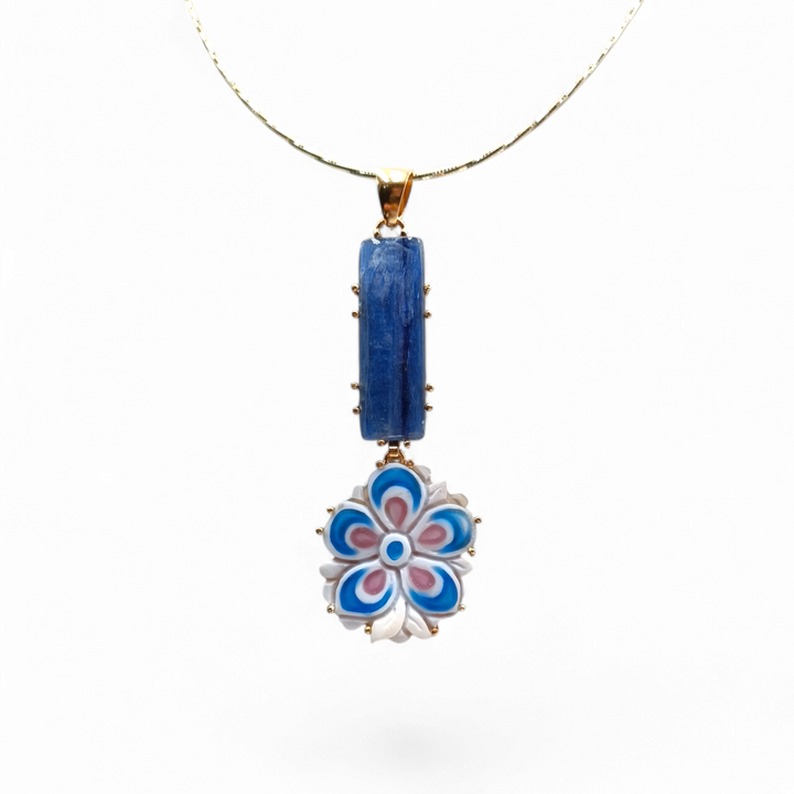 "Kyanite and Cameo" Pendant Necklace Mounted on Silver
