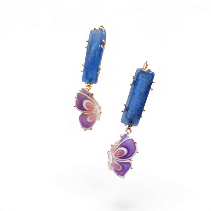 "Butterfly and Kyanite" earrings, cameo and kyanite mounted on silver