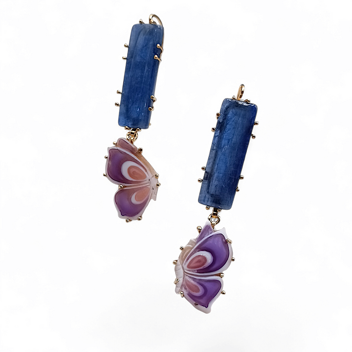 "Butterfly and Kyanite" earrings, cameo and kyanite mounted on silver