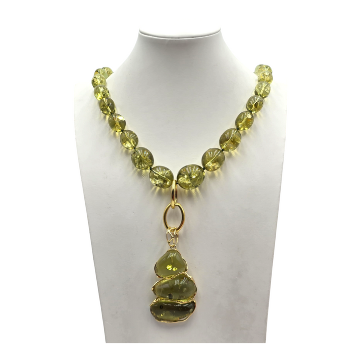 "Green amber" necklace mounted on silver