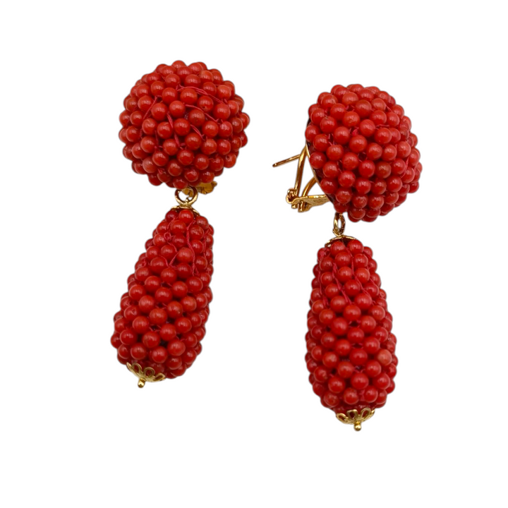 Coral patch and pendulum earrings mounted on silver