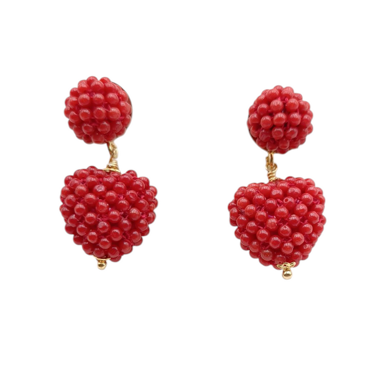 Orecchini cuori di corallo, lavorazione tessita montati su argento