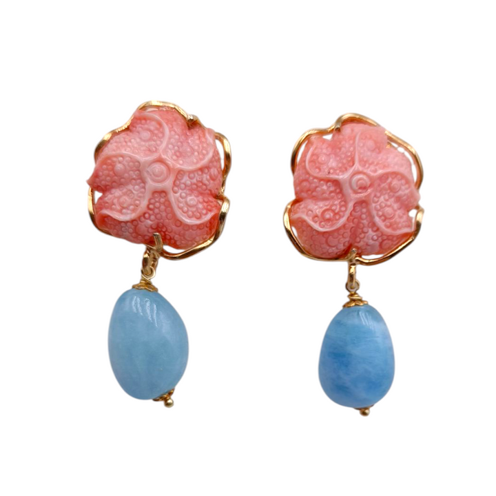 Cherry coral and aquamarine star earrings mounted on silver