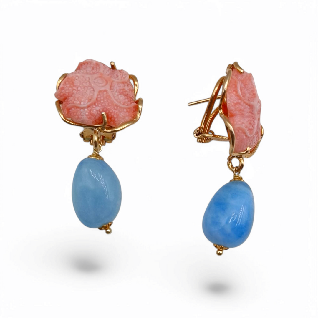 Cherry coral and aquamarine star earrings mounted on silver