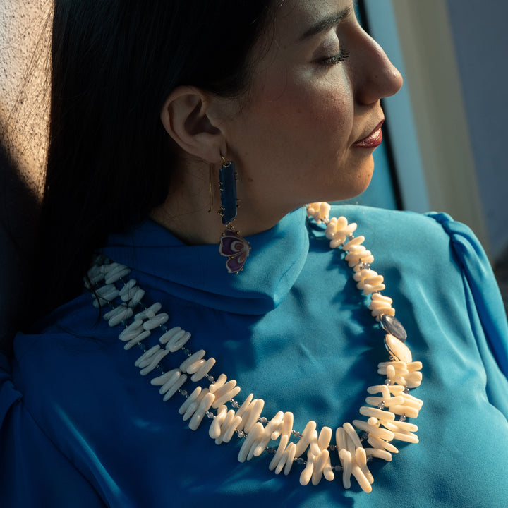 Collana rami in corallo e cianite montata su argento