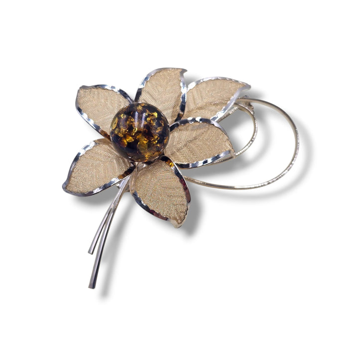 Spilla fiore ambra del baltico montato in ottone