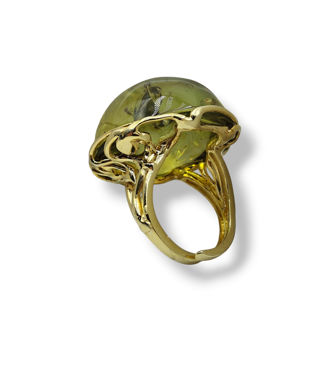 Green amber ring mounted on silver