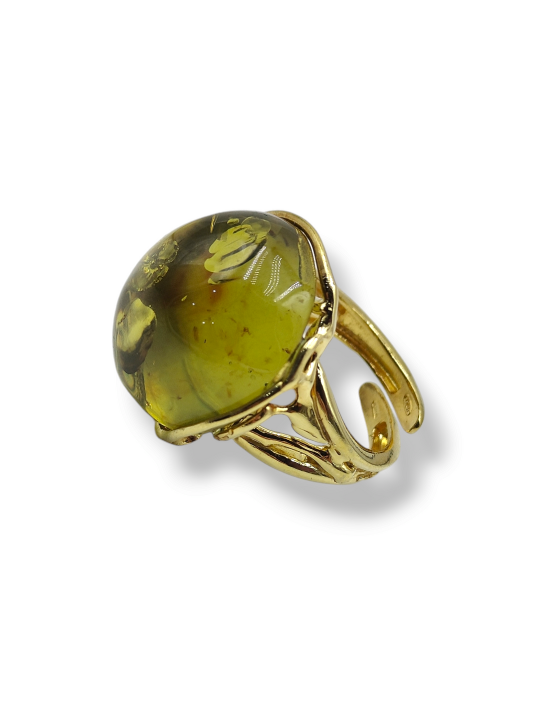 Green amber ring mounted on silver