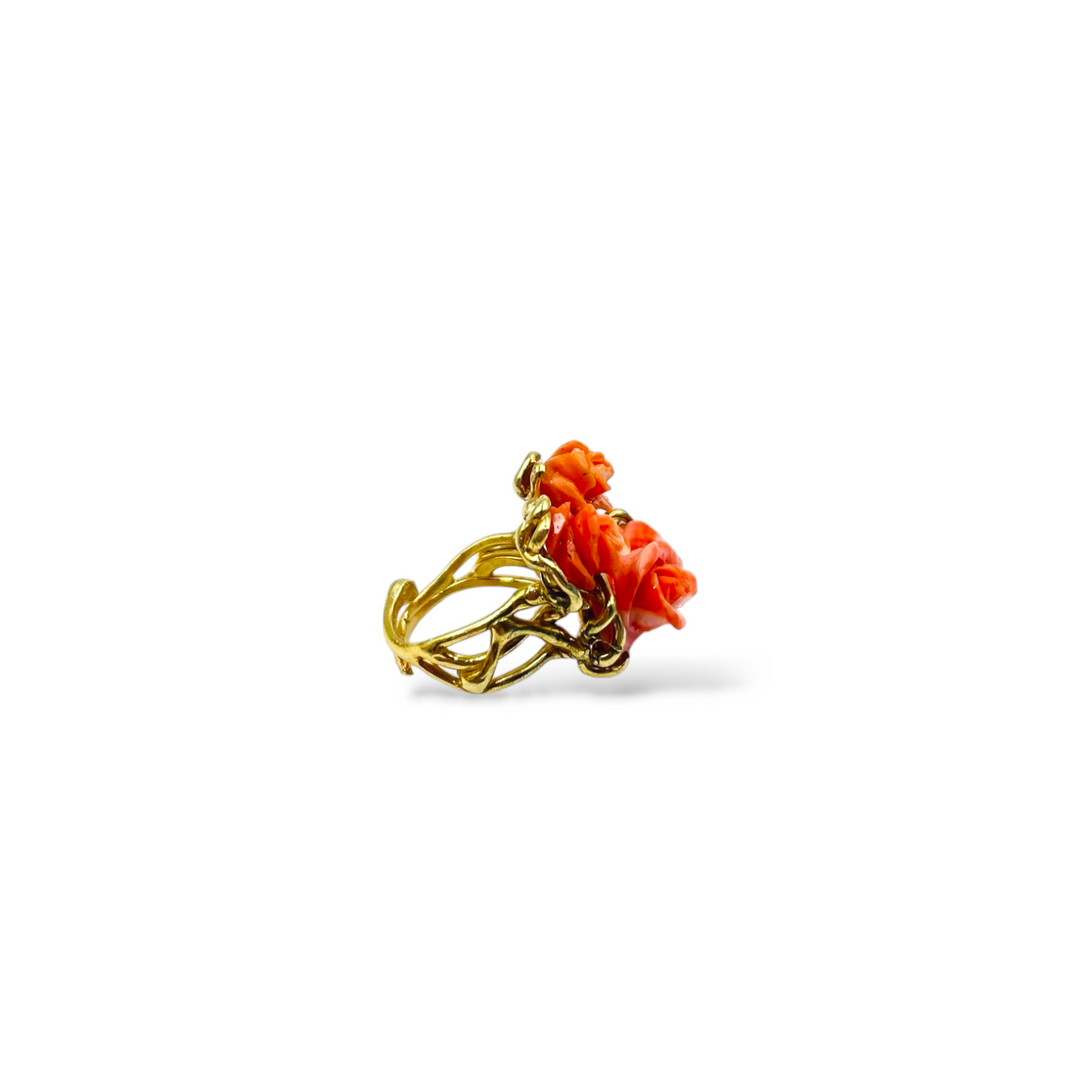 Three coral roses ring mounted on silver