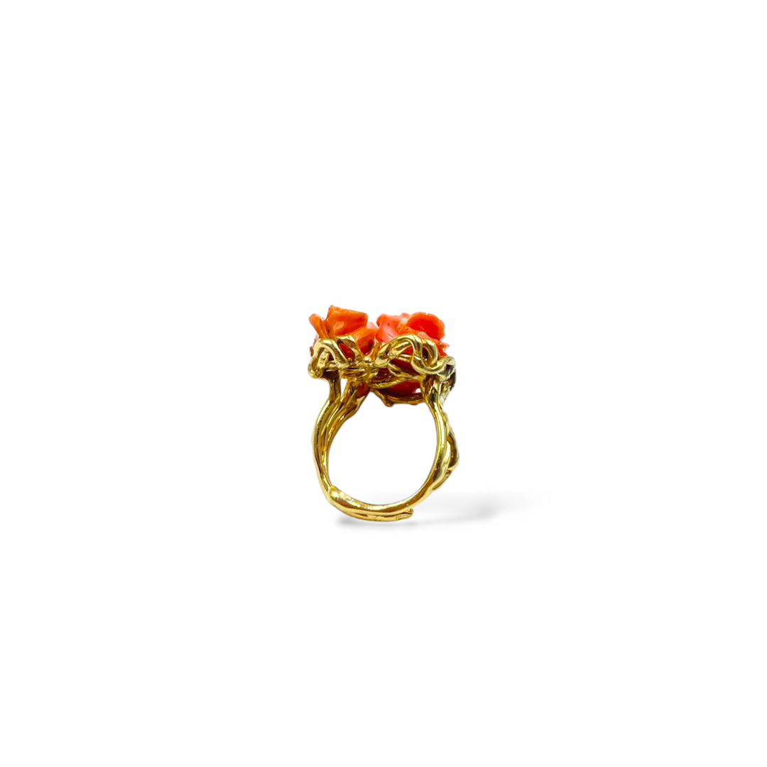 Three coral roses ring mounted on silver