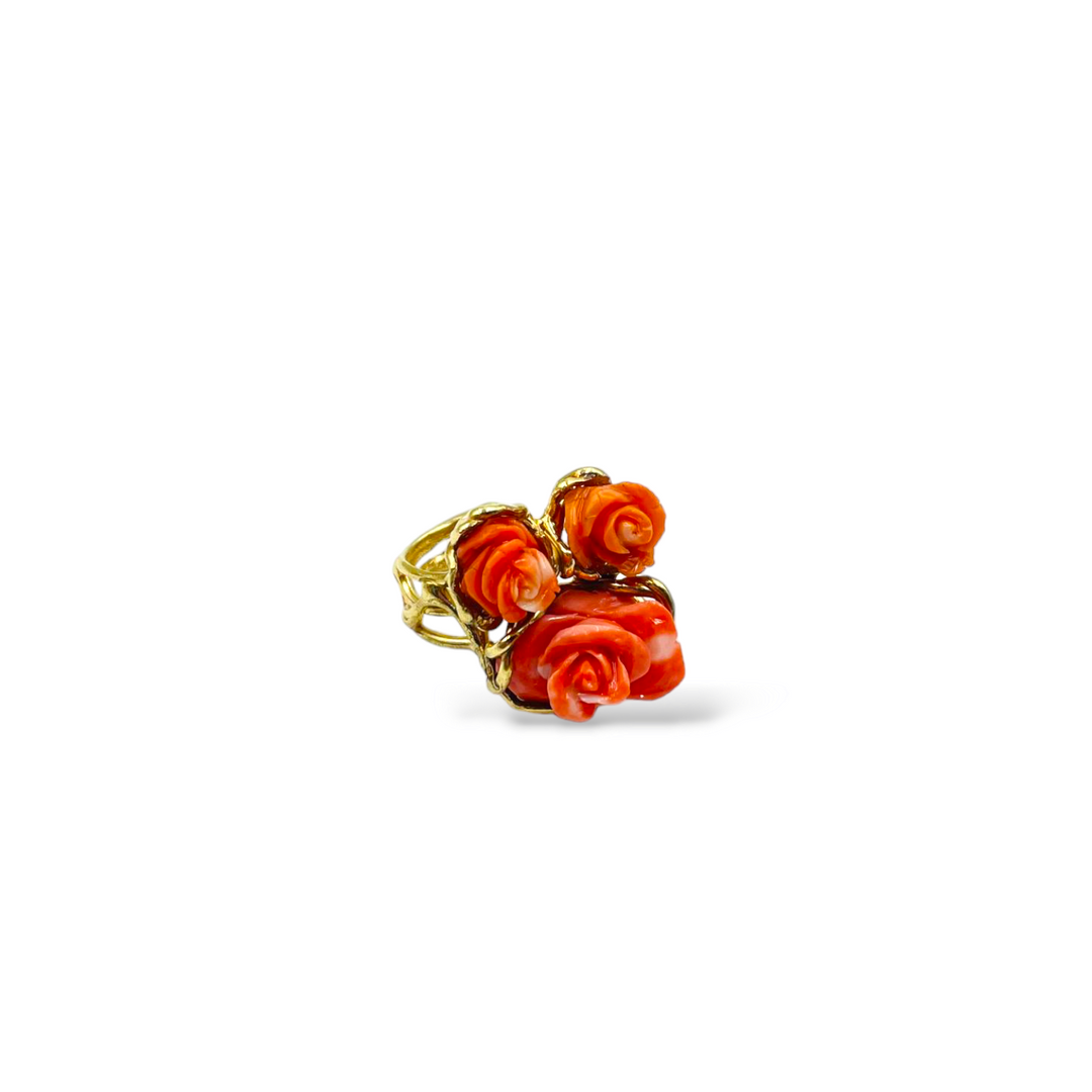 Three coral roses ring mounted on silver