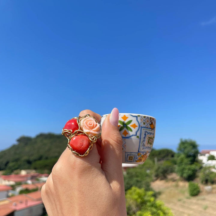 Pink ring and coral stone mounted on silver