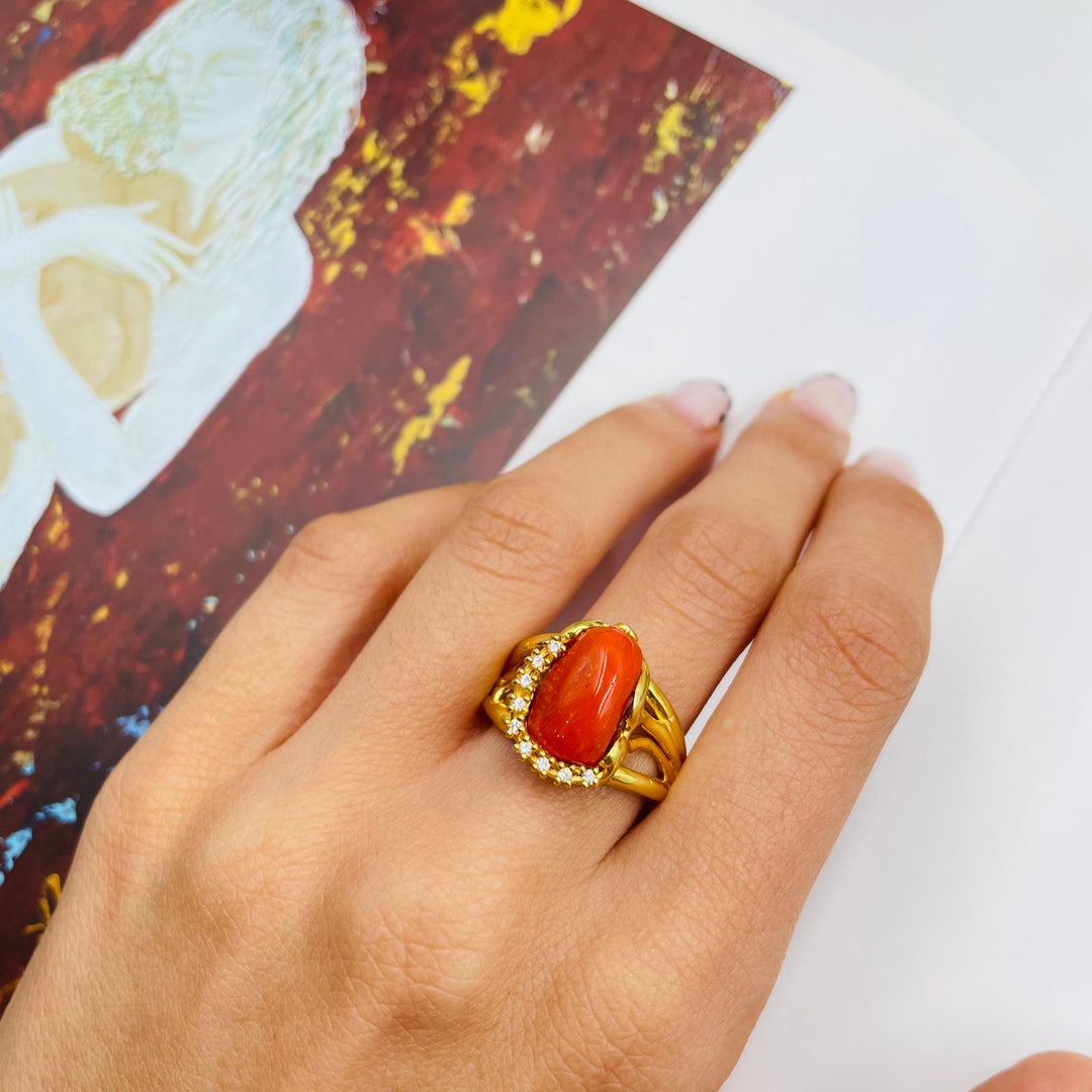 Valentine's Day Gift Idea - Red Coral Stone and Zirconia Ring Mounted on Silver