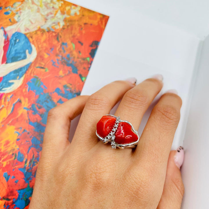 Coral stone ring mounted on silver