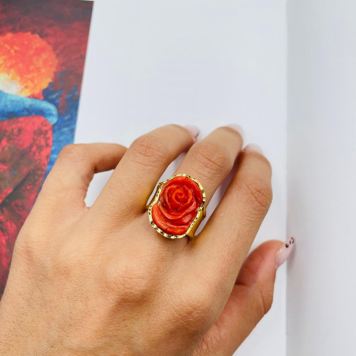 Pink red coral ring mounted on silver