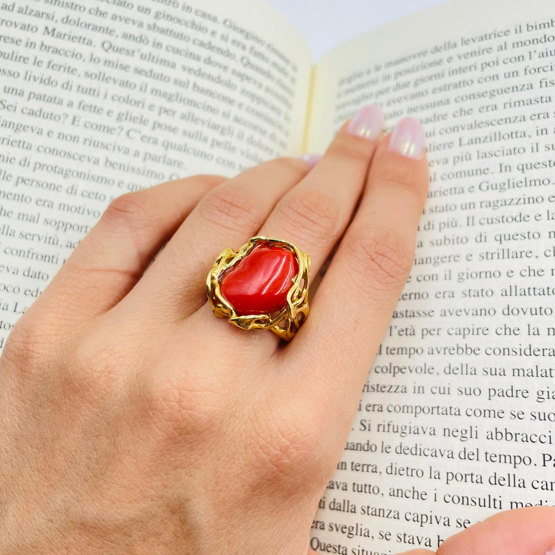 Coral stone ring mounted on silver