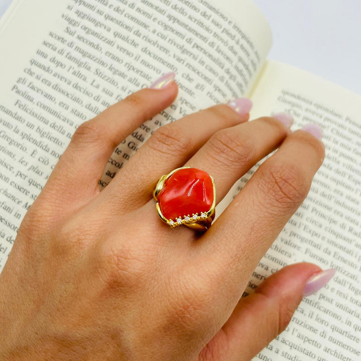 Red coral stone ring mounted on silver