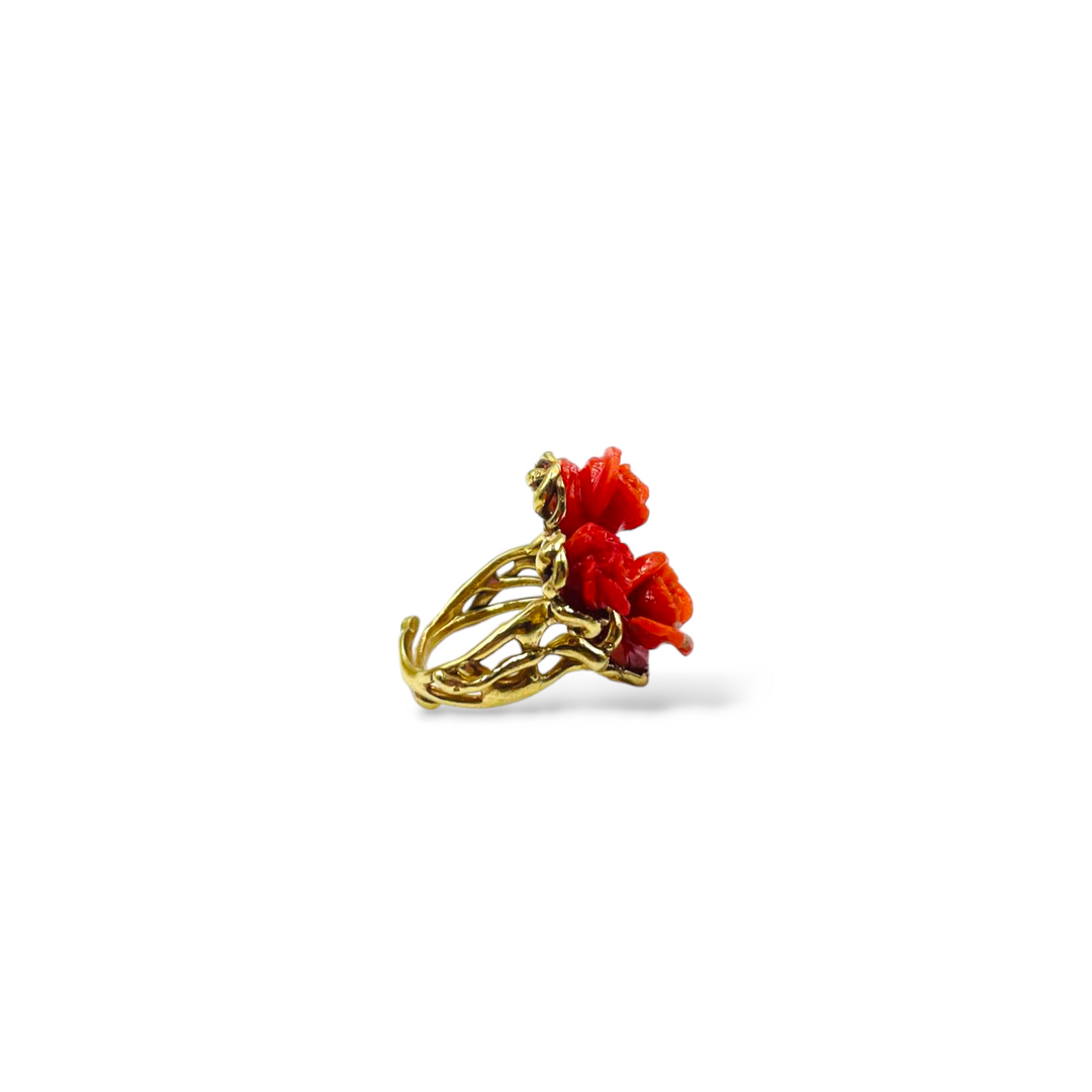 Three coral roses ring mounted on silver