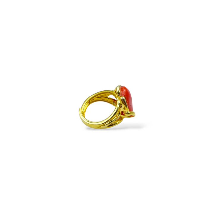 Red coral stone ring mounted on silver
