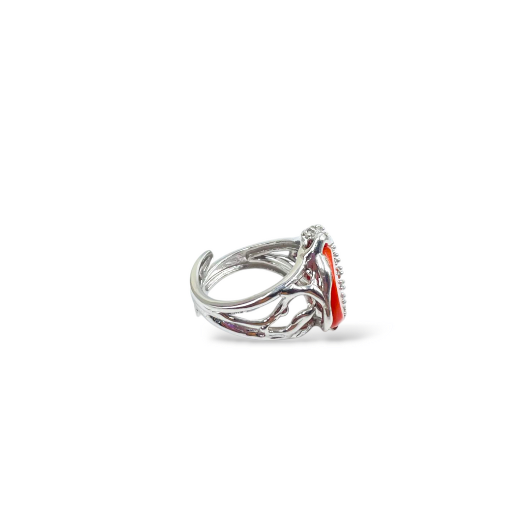 Red coral stone ring mounted on silver