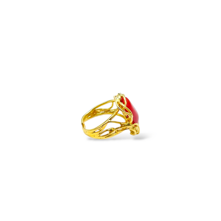 Red coral stone ring mounted on silver
