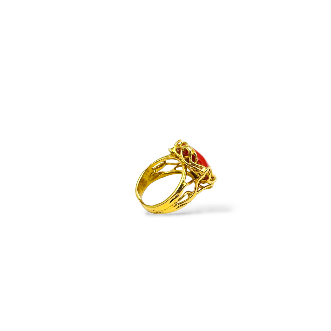 Coral stone ring mounted on silver
