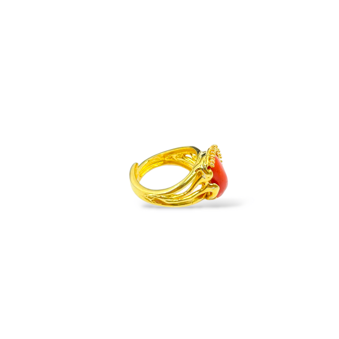 Valentine's Day Gift Idea - Red Coral Stone and Zirconia Ring Mounted on Silver