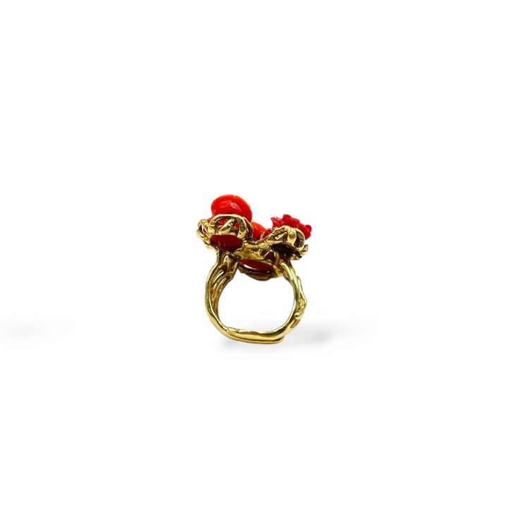 Three coral roses ring mounted on silver