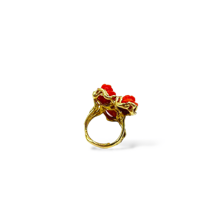 Three coral roses ring mounted on silver