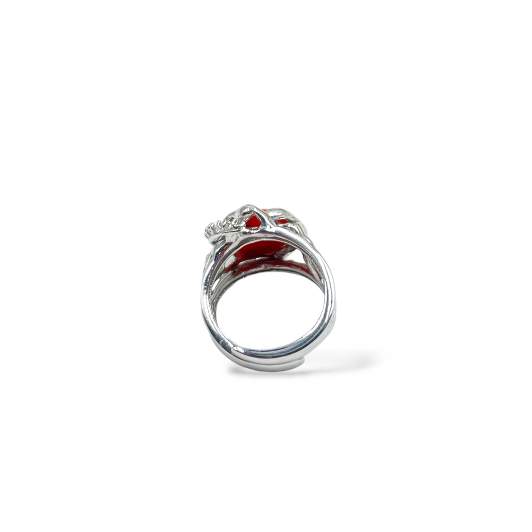 Red coral stone ring mounted on silver
