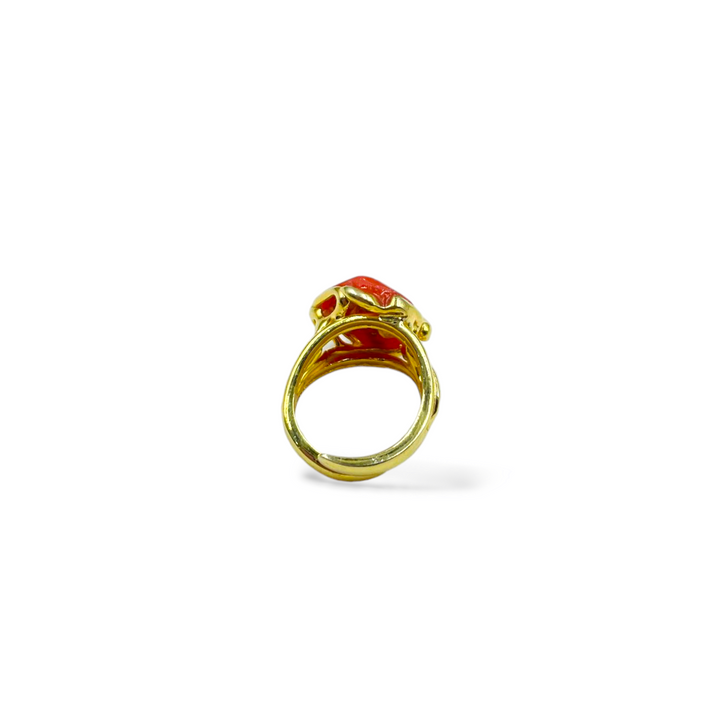 Red coral stone ring mounted on silver