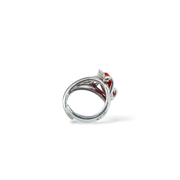 Red coral stone ring mounted on silver