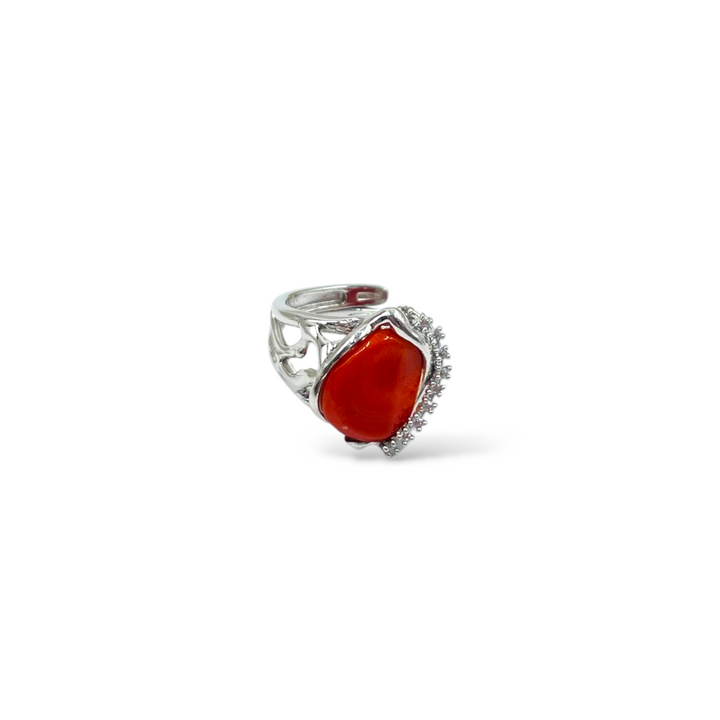 Red coral stone ring mounted on silver