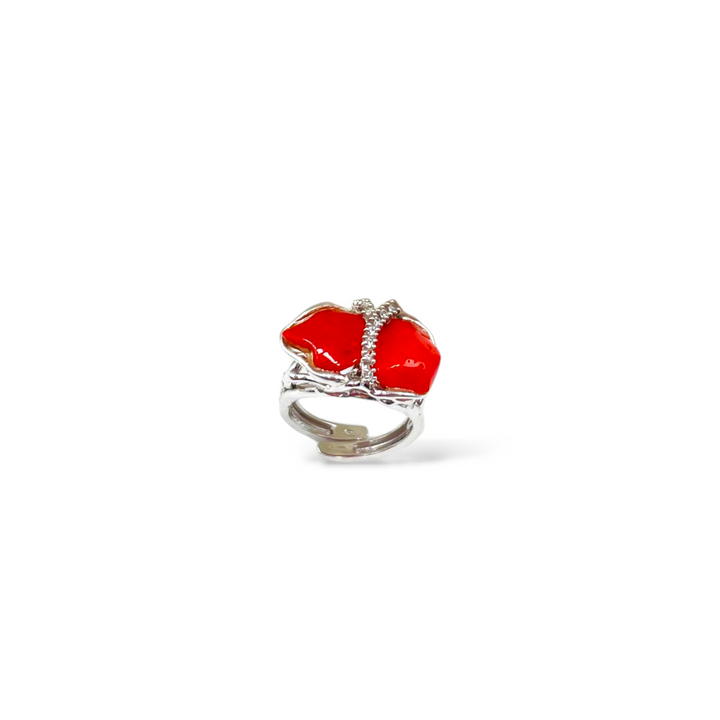 Coral stone ring mounted on silver