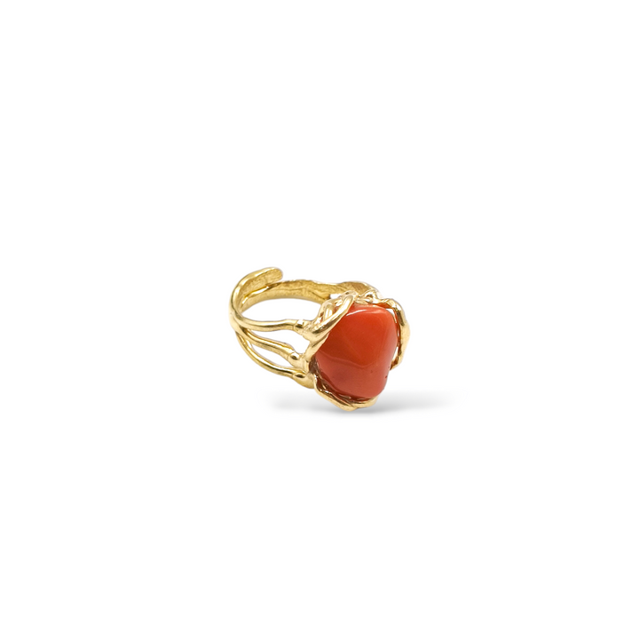 Coral stone ring mounted on silver