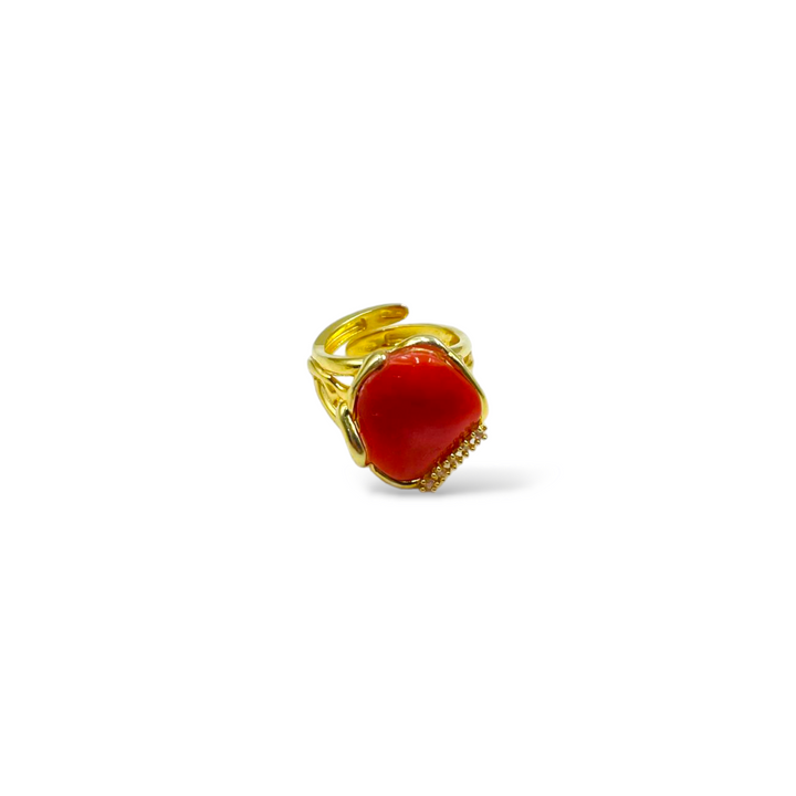 Red coral stone ring mounted on silver