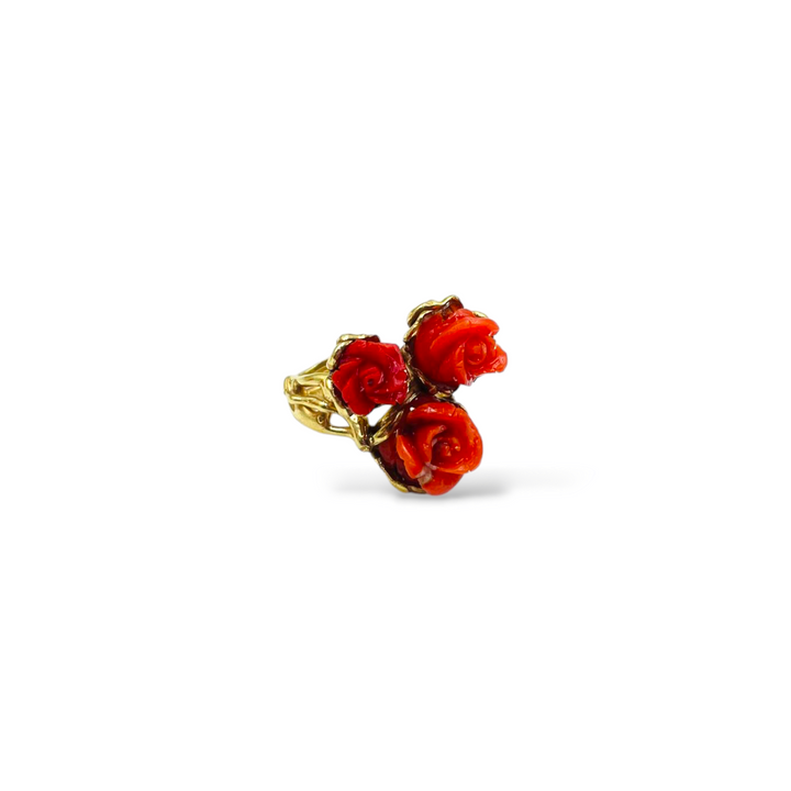 Three coral roses ring mounted on silver