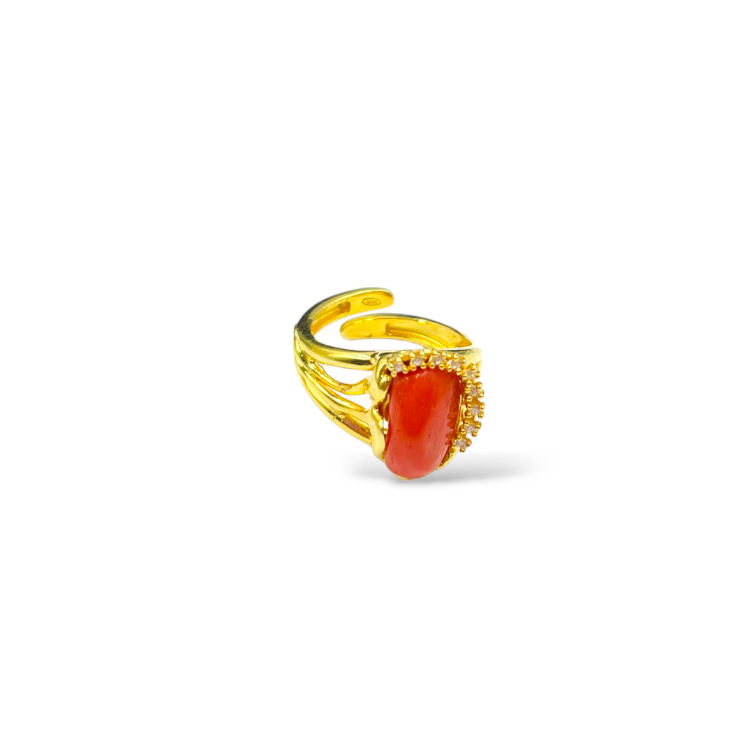 Valentine's Day Gift Idea - Red Coral Stone and Zirconia Ring Mounted on Silver