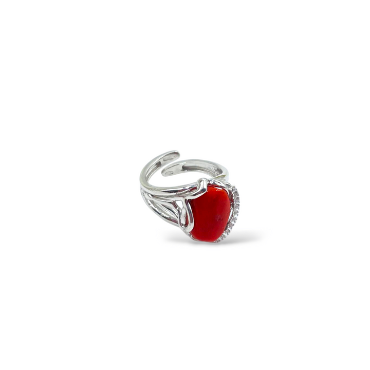 Red coral stone ring mounted on silver