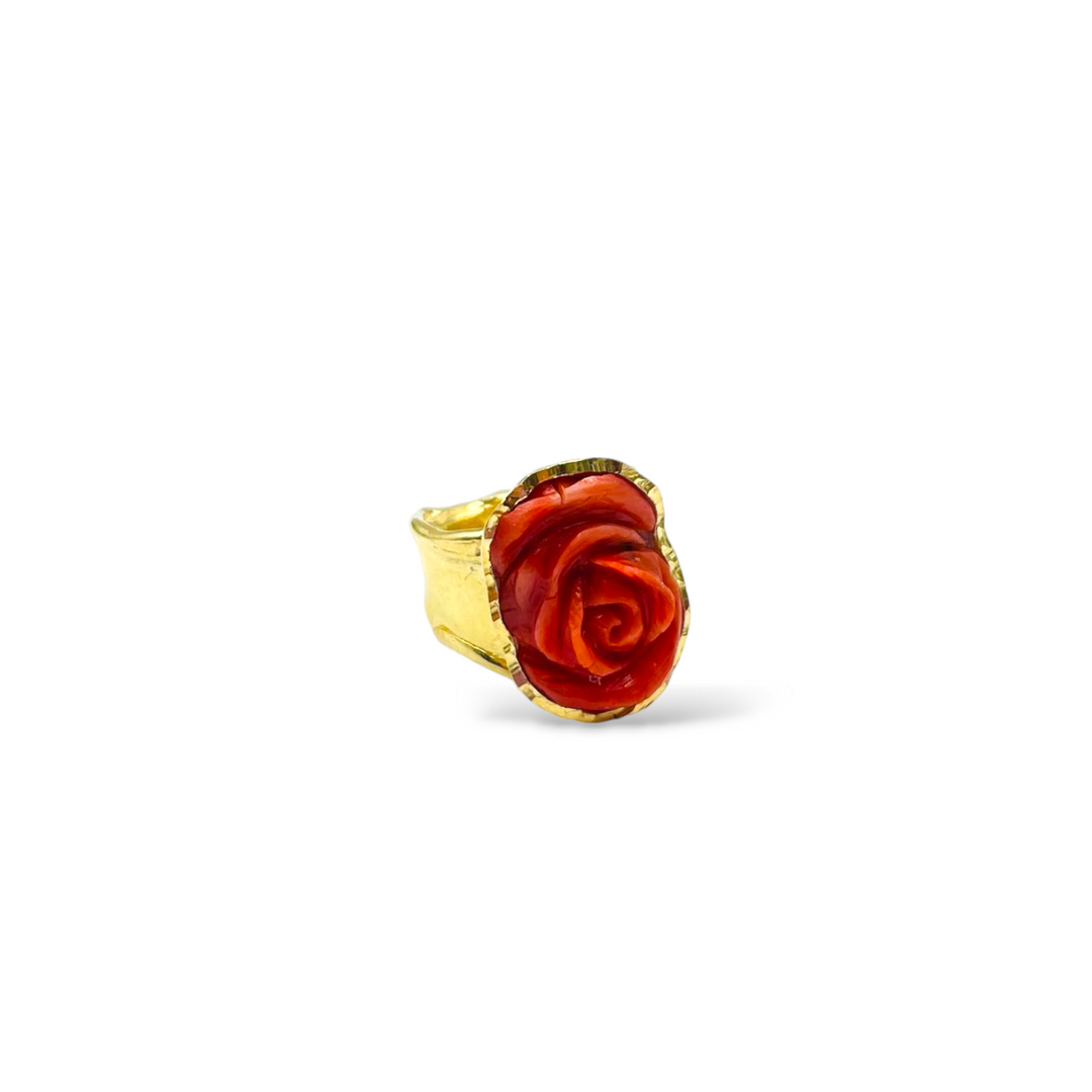 Pink red coral ring mounted on silver