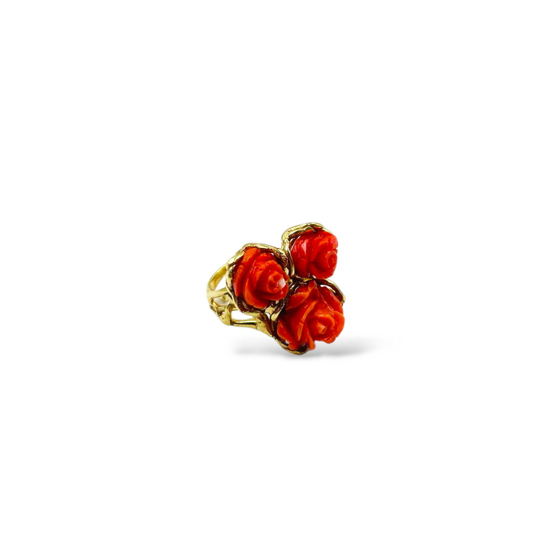 Three coral roses ring mounted on silver