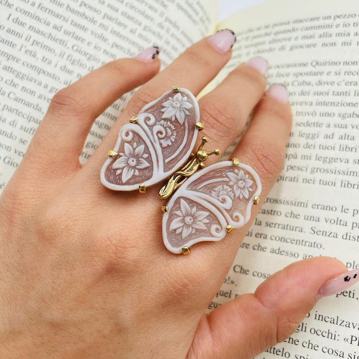 Butterfly cameo ring mounted on silver