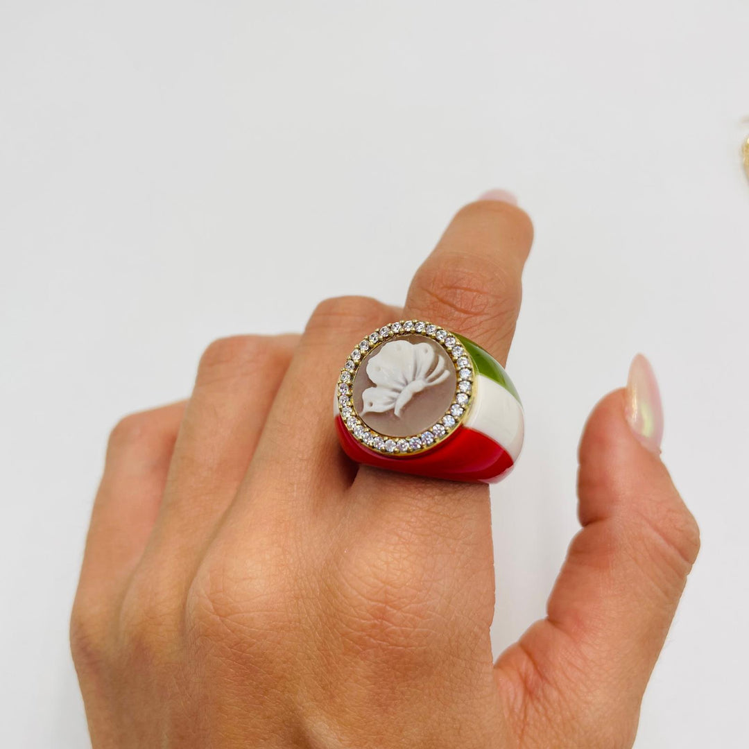 MADE IN ITALY COLLECTION - JUBILEE 2025 - "BUTTERFLY" RING IN CAMEO MOUNTED ON SILVER